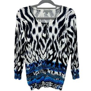 JOESPH A. Cardigan Sweater Size L Knit Animal Print Blue Button Down
